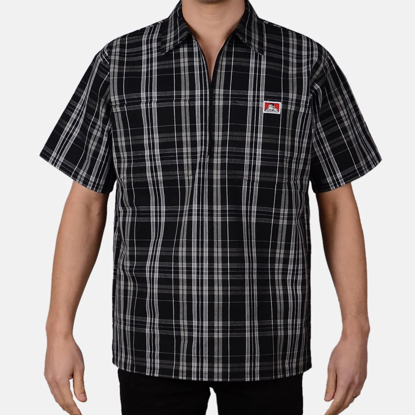 Short Sleeve Plaid 1/2 Zip Shirt - Black/White