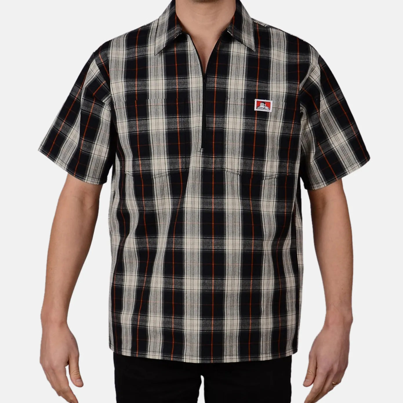 Short Sleeve Plaid 1/2 Zip Shirt - Black/Cream