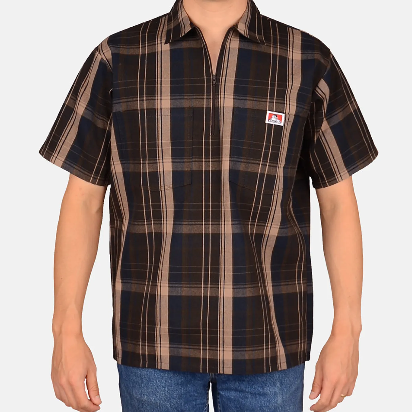 Short Sleeve Plaid 1/2 Zip Shirt - Brown