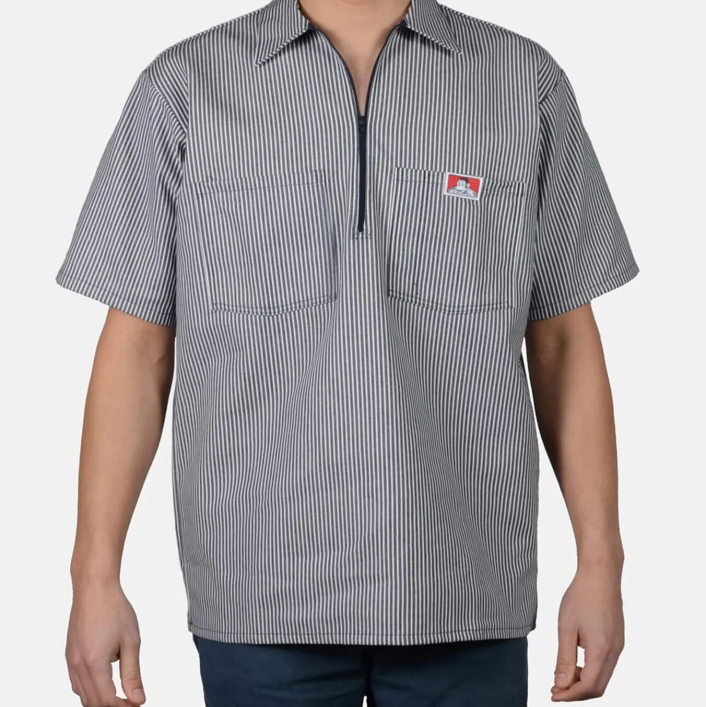 Short Sleeve Striped 1/2 Zip Shirt - Navy