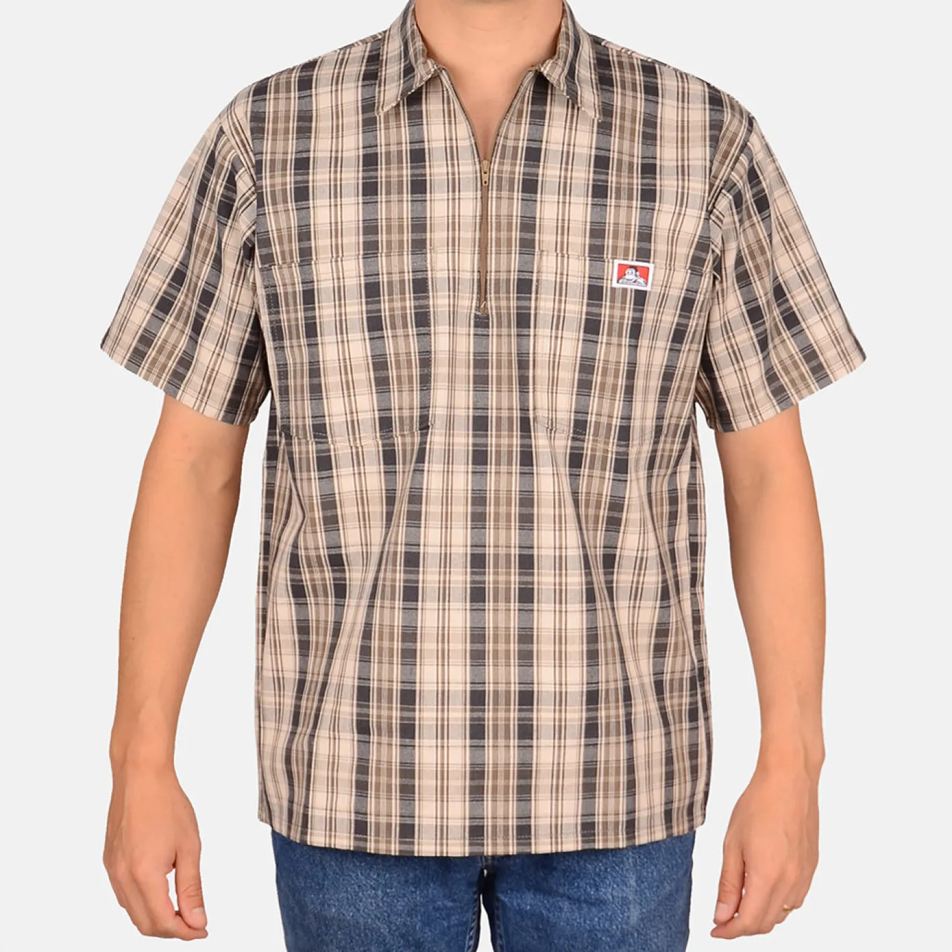 Short Sleeve Plaid 1/2 Zip Shirt - Khaki/Grey
