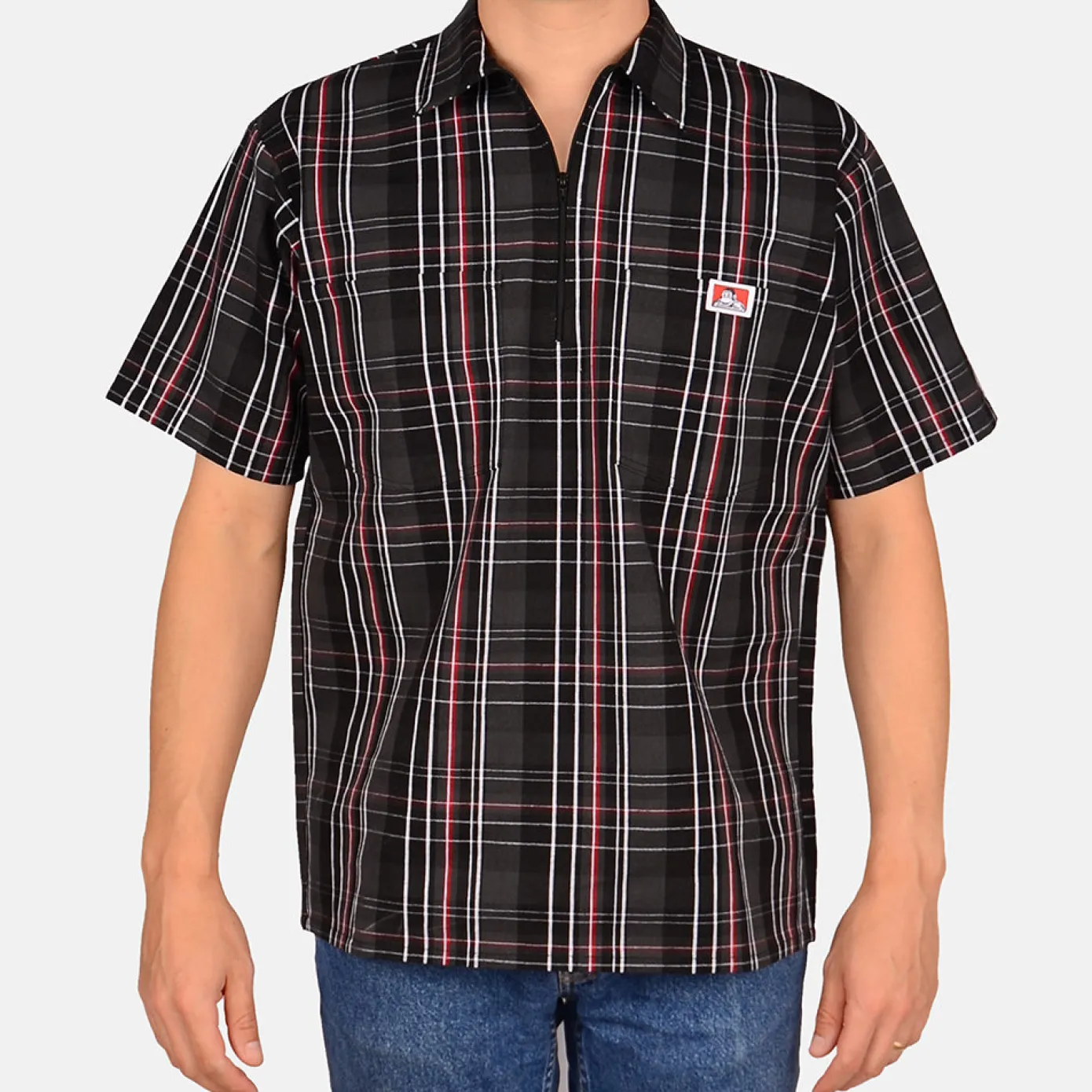 Short Sleeve Plaid 1/2 Zip Shirt - Black/Red